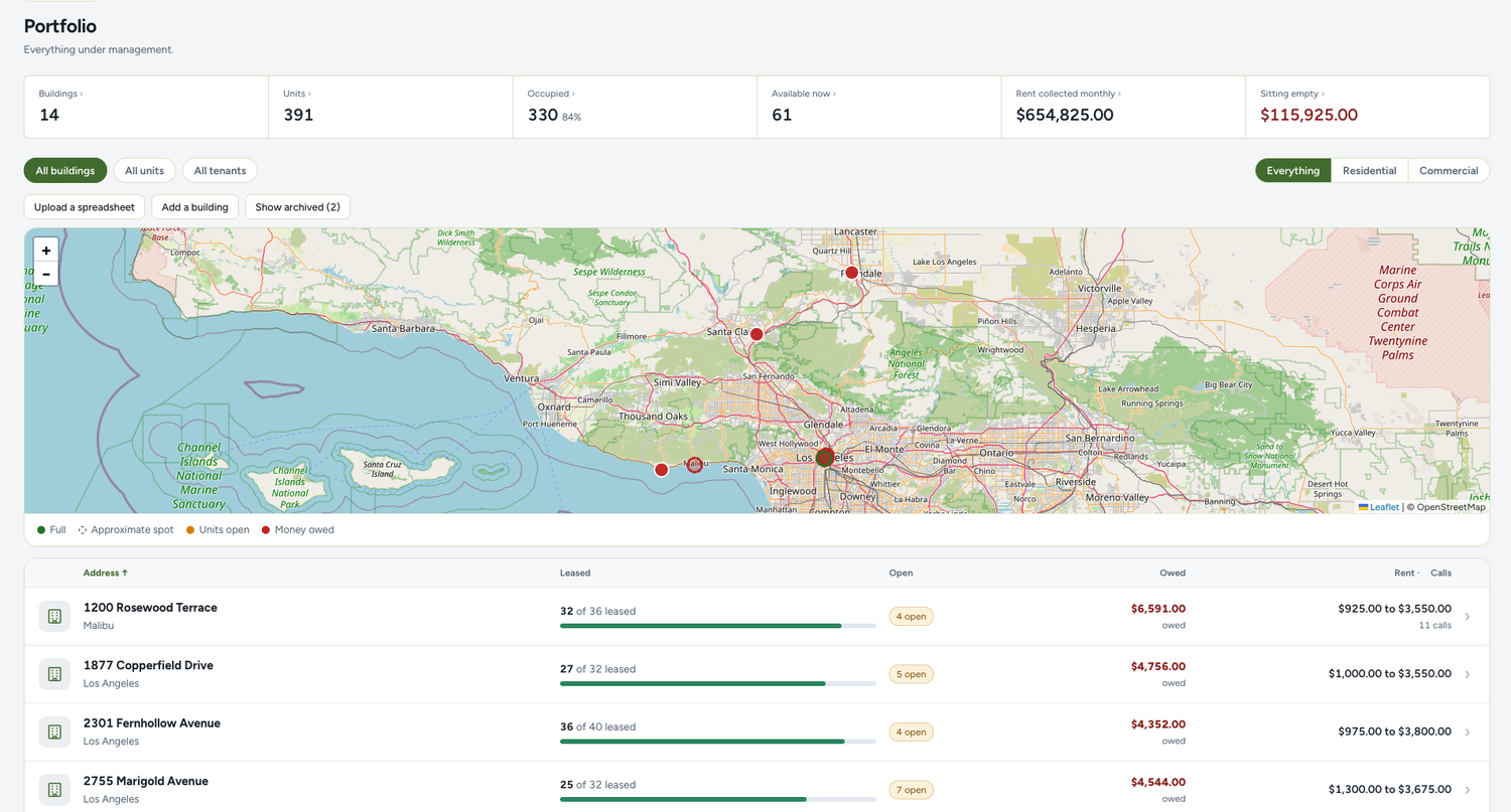 The Winston Ops portfolio screen: buildings, units, occupancy, rent
          collected and money owed, with every building on a map